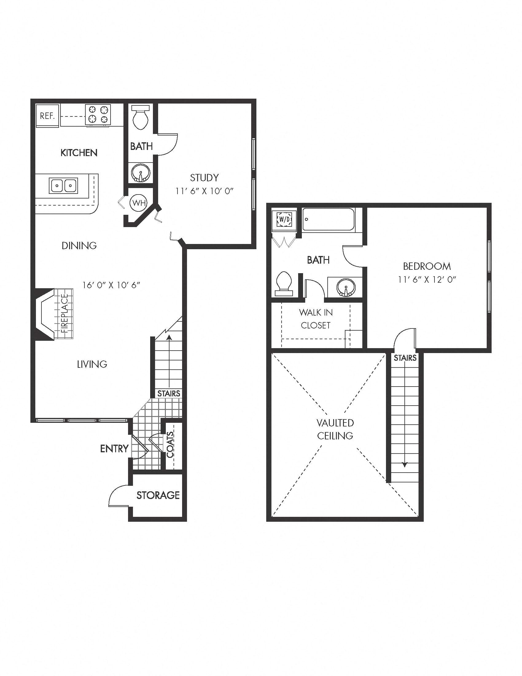 Floor plan for 1 bed, 1.5 baths, 825 sqft